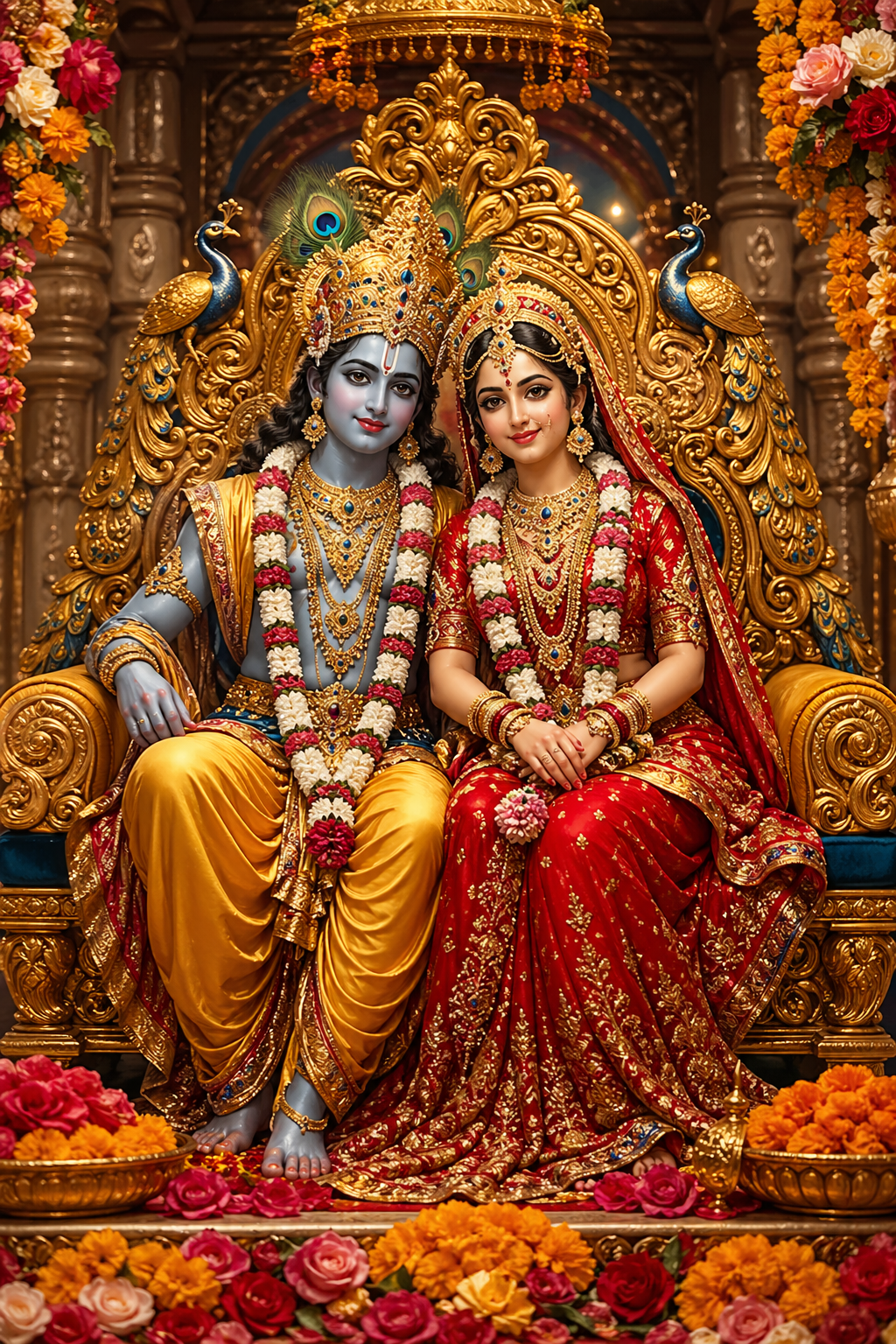 Radha Krishna in royal attire on decorated golden singhasan throne with roses and marigolds in temple setting — HD wallpaper